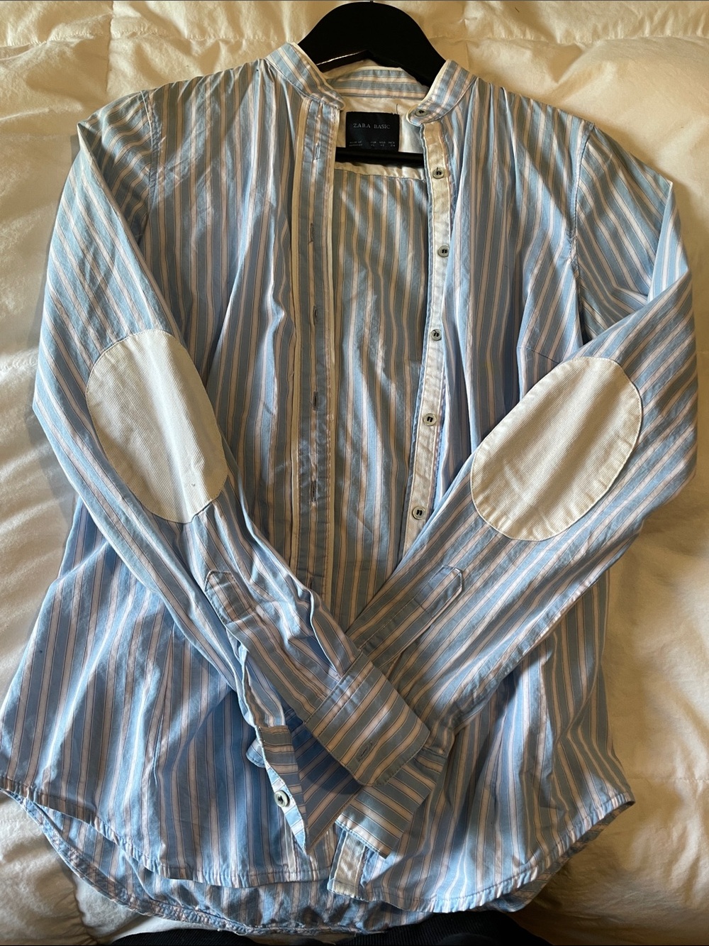 Zara women Blue Striped Band-Collar Shirt with Elbow Patches